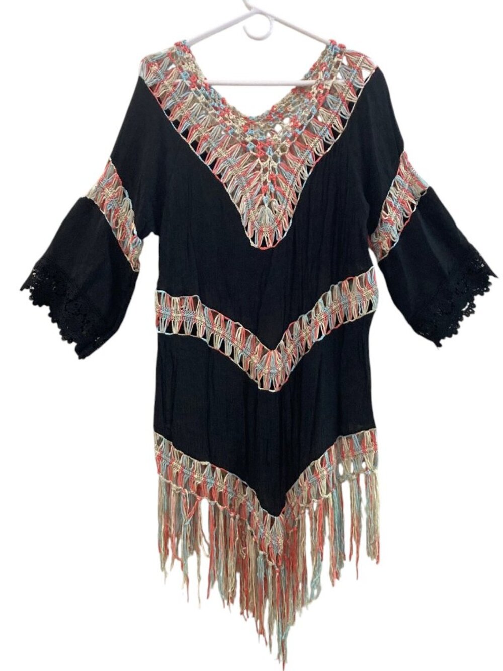 Women's SHEIN Crochet Trim Fringe Swim Cover-Up Dress BLACK Size Large
